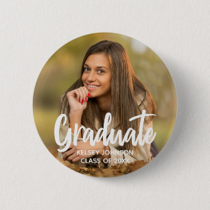 Graduate Photo Bold Script Custom Graduation Party 6 Cm Round Badge
