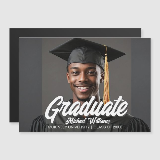 Graduate Photo Bold Script Graduation Magnet Card (Front/Back)