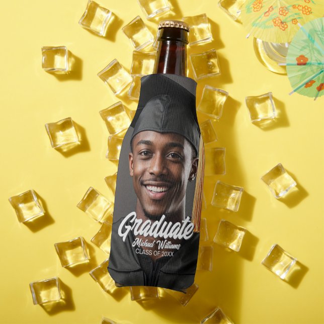 Graduate Photo Bold Script Graduation Party Favor Bottle Cooler (In Situ Summer)