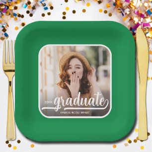 Graduate Photo Bold Script Green Graduation Paper Plate