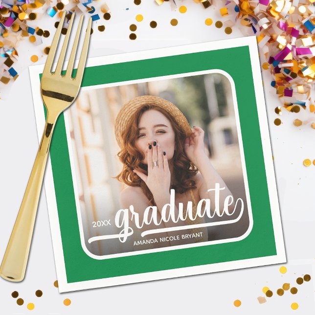 Graduate Photo Bold Script Green Napkin (Your photo, name, class year and "Graduate" in a cool script on green background party napkins)