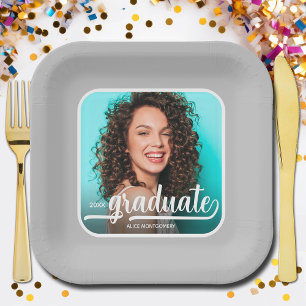 Graduate Photo Bold Script Grey Graduation Paper Plate