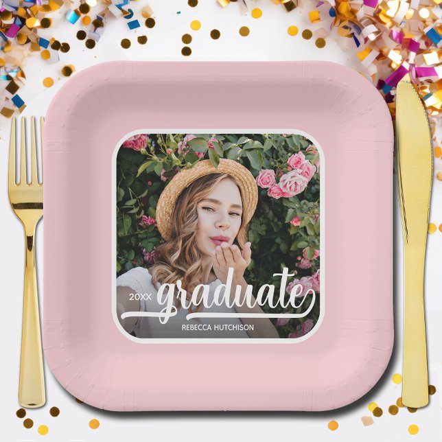 Graduate Photo Bold Script Pink Graduation Paper Plate (Photo graduation pink square paper plates)