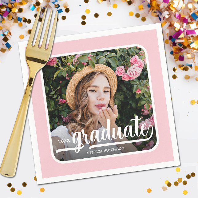 Graduate Photo Bold Script Pink Napkin (Your photo, name, class year and "Graduate" in a cool script on pink background party napkins)