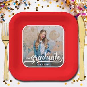 Graduate Photo Bold Script Red Graduation Paper Plate
