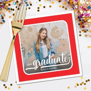 Graduate Photo Bold Script Red Napkin