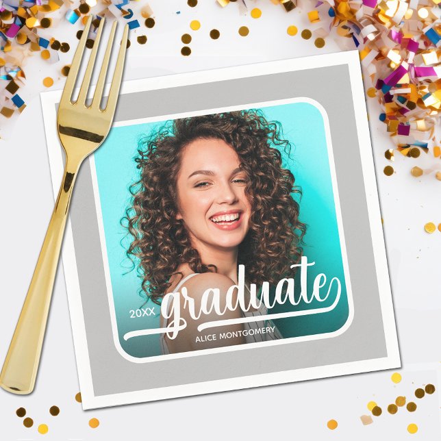 Graduate Photo Bold Script Silver Grey Napkin (Your photo, name, year and "Graduate" in a cool script on silver gray background party napkins)