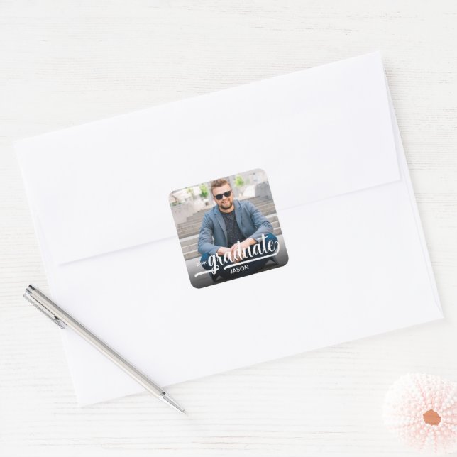 Graduate Photo Bold Script Square Sticker (Envelope)
