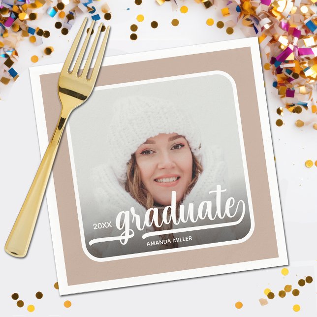 Graduate Photo Bold Script Taupe Napkin (Your photo, name, class year and "Graduate" in a cool script on taupe background party napkins)
