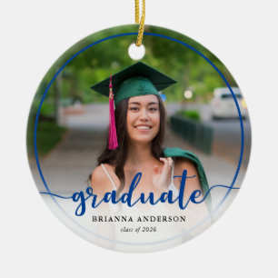 Graduate Photo Calligraphy Dark Blue Ceramic Tree Decoration