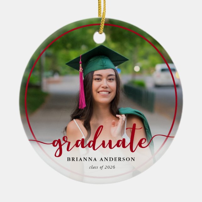 Graduate Photo Calligraphy Red Ceramic Tree Decoration (Front)