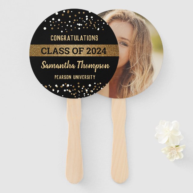 Graduate photo Class of 2024 gold black Congrats Hand Fan (Front and Back)