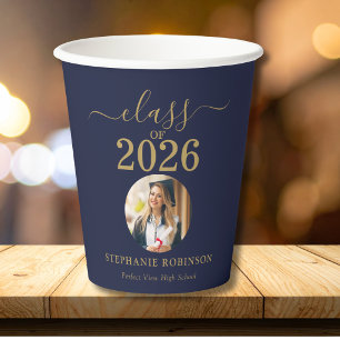 Graduate Photo Class of 2026 Blue Gold Party Paper Cups