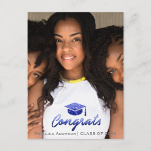 Graduate Photo Class Year Name Royal Blue Glitter Postcard