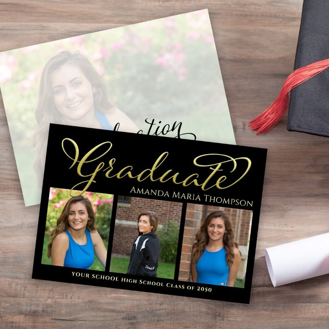 Graduate Photo Collage Black and Gold Simple Announcement (Black and gold graduation photo collage announcement with modern design style.)