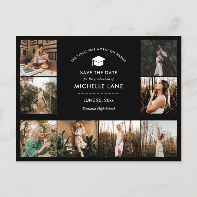 Graduate Photo Collage Black Save The Date  Postcard (Front)