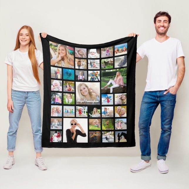 Graduate Photo Collage Chic Script Name Black Fleece Blanket (In Situ)