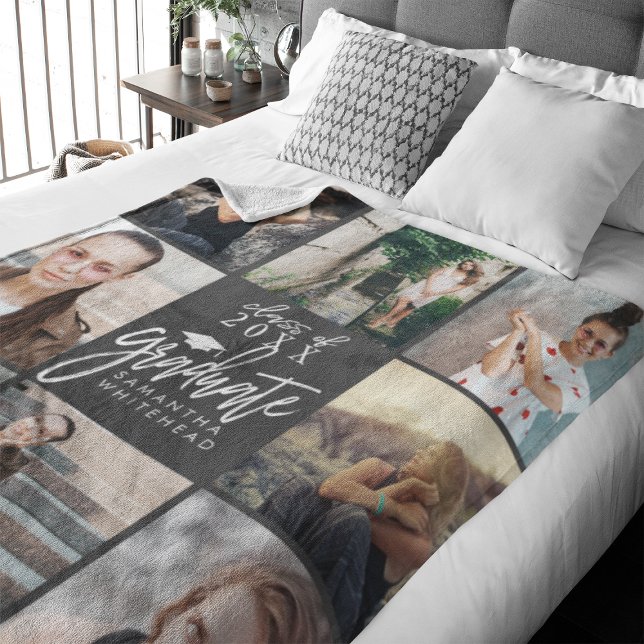 Graduate Photo Collage Fleece Blanket Dark Grey (Celebrate your graduate's milestone with our cozy, custom fleece blanket. )