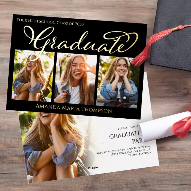 Graduate Photo Collage Gold Foil Template (Gold foil graduation photo collage invitation template. )