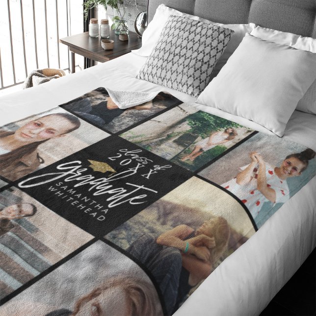 Graduate Photo Collage Gold Glitter Cap Black Fleece Blanket (Celebrate your graduate's milestone with our cozy, custom fleece blanket.)