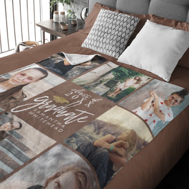 Graduate Photo Collage Gold Glitter Cap Tan Fleece Blanket (Celebrate your graduate's milestone with our cozy, custom fleece blanket. )