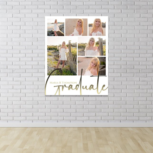 Graduate Photo Collage Gold Script Party Poster (Graduation photo collage poster with elegant gold script and custom name.)