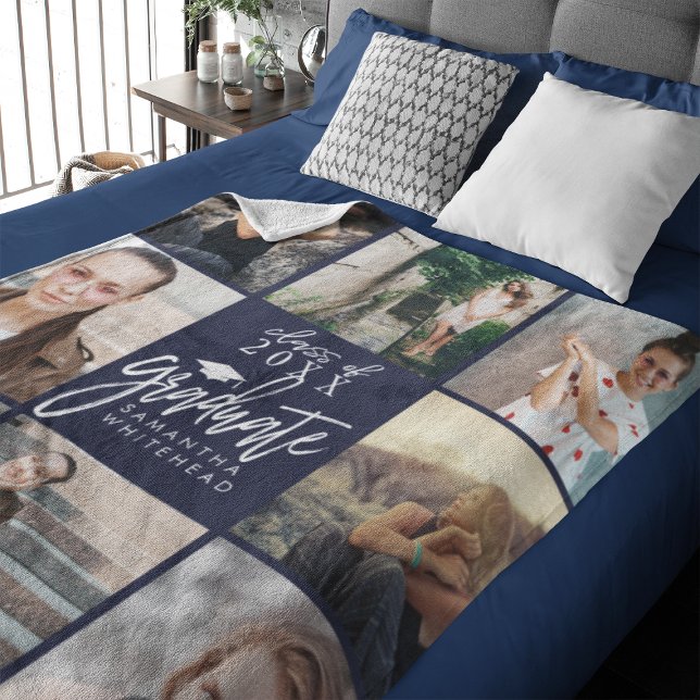 Graduate Photo Collage Navy Blue Fleece Blanket (Celebrate your graduate's milestone with our cozy, custom fleece blanket. )