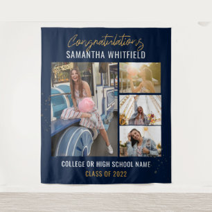 Graduate Photo Collage Navy Blue Party Backdrop Tapestry