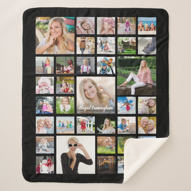Graduate Photo Collage Script Name Black Sherpa Blanket (Front)
