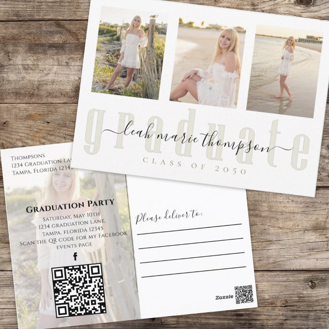 Graduate Photo Collage Simple Elegant Gold Script  Postcard (Graduation postcard with a scannable QR Code and multi photo template. )