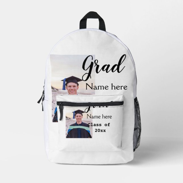 graduate photo congratulation add your name modern printed backpack (Front)