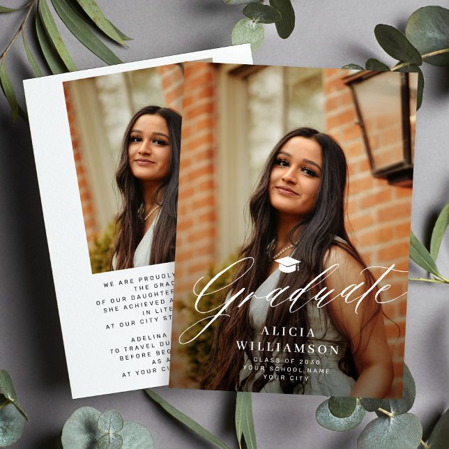 Graduate photo elegant black and white graduation announcement (Creator Uploaded)