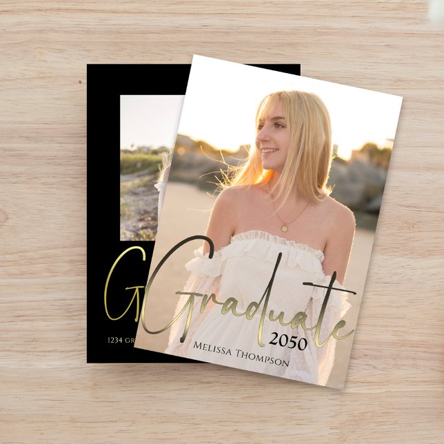 Graduate Photo Elegant Typography Simple Gold  Announcement (Modern graduation photo card featuring simple script typography and clean layout design.)