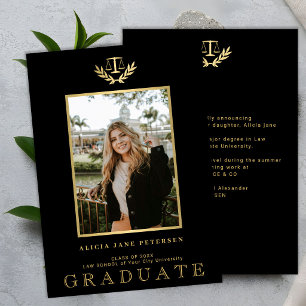 Graduate photo gold black law school graduation announcement