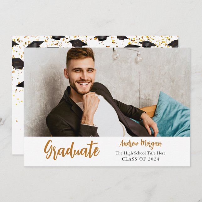 Graduate Photo Gold confetti Graduation Cap Invitation (Front/Back)