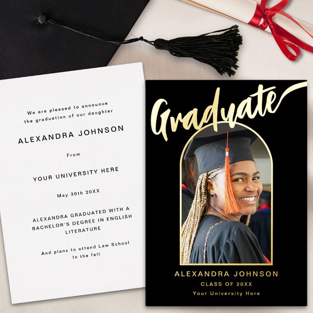Graduate Photo Graduation announcement Black Gold (Elegant calligraphy graduate photo black and gold foil graduation announcement card)