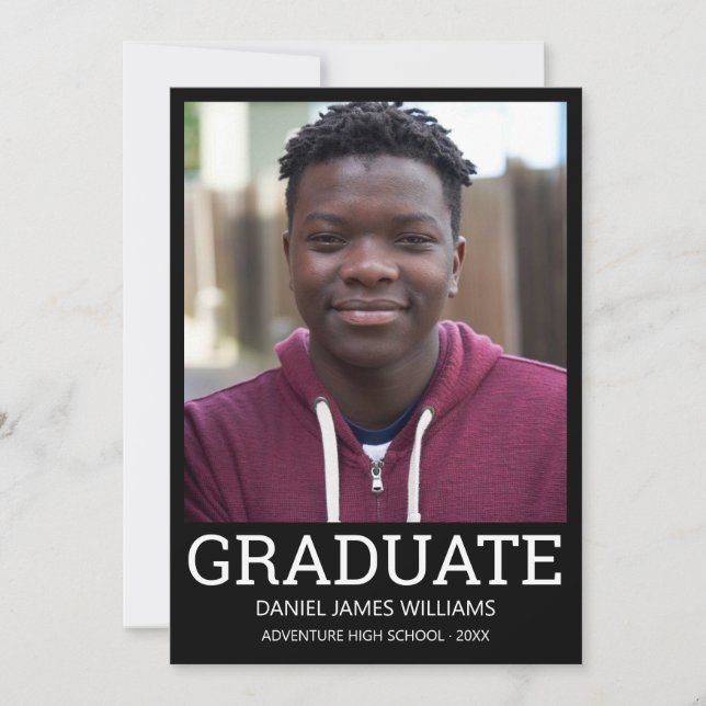 Graduate Photo Minimalist Black Frame White Script Announcement (Front)