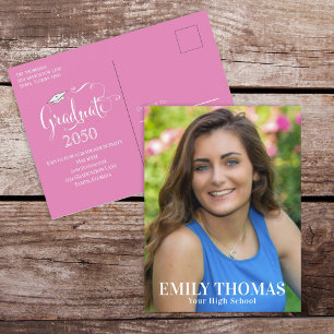 Graduate Photo Minimalist Simple Script Pink Postcard