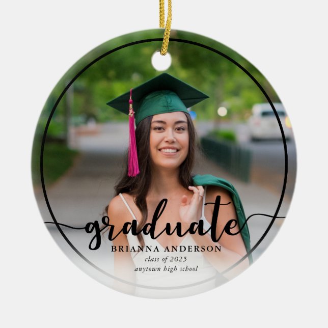 Graduate Photo Modern Calligraphy Ceramic Tree Decoration (Front)