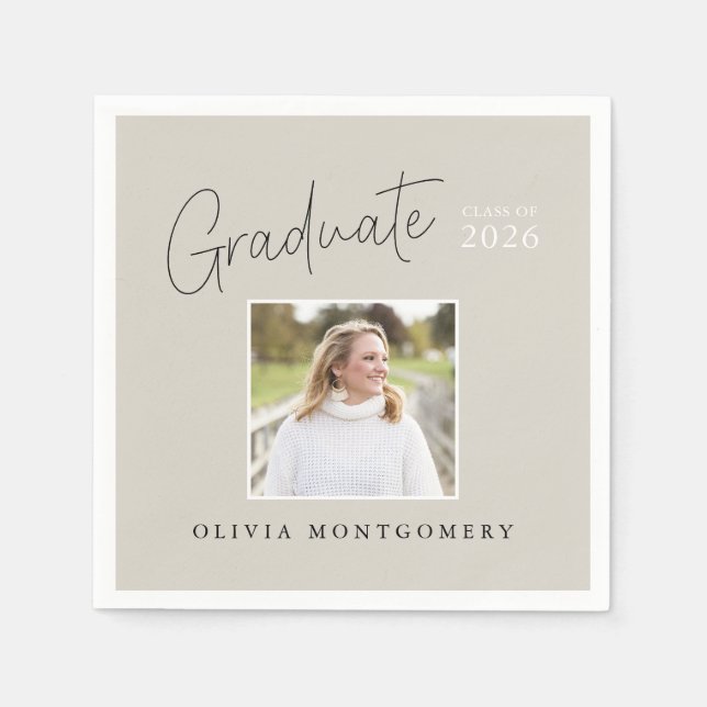 Graduate Photo Modern Script Graduation Party Napkin (Front)