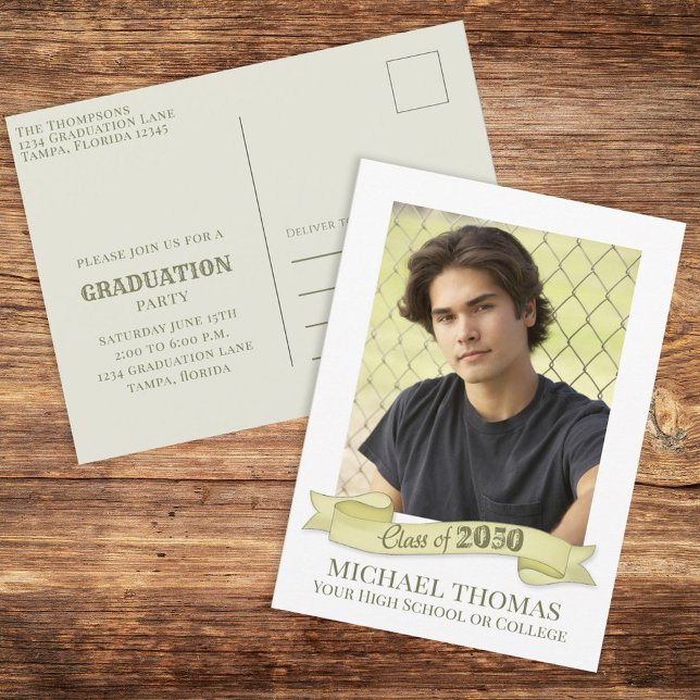 Graduate Photo Modern Simple Trendy Gold Banner Postcard (Creator Uploaded)