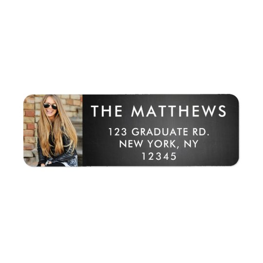 Graduate Photo Modern Typography Black Chalkboard Return Address Label