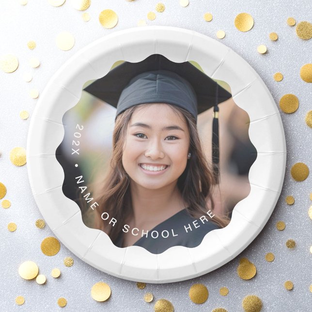 Graduate photo name white wavy border graduation paper plate (Graduate photo name white wavy border graduation paper plates)