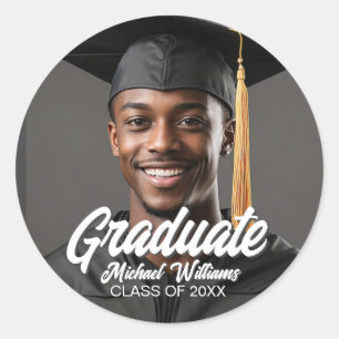 Graduate Photo Name Year Bold Graduation Classic Round Sticker