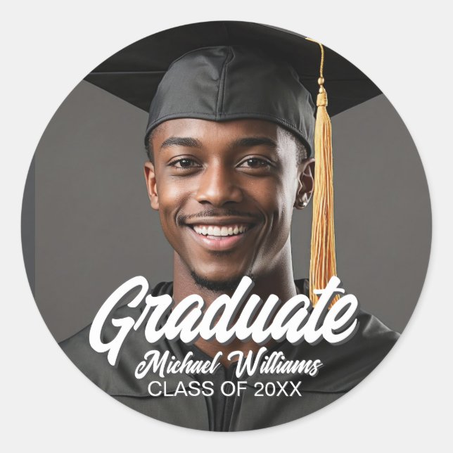 Graduate Photo Name Year Bold Graduation Classic Round Sticker (Front)