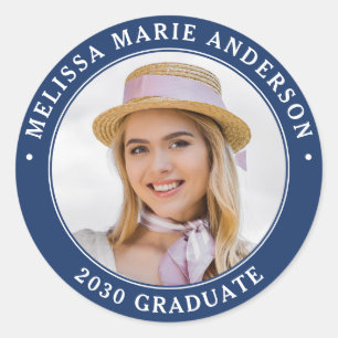 Graduate Photo Name Year Navy Blue Graduation Classic Round Sticker