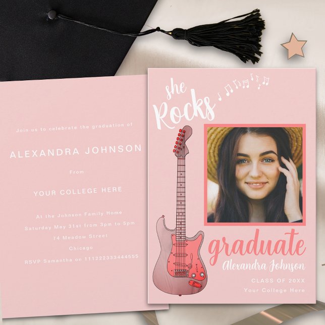 Graduate Photo Pink Country Music Graduation Party Invitation (Pink guitar graduate photo Graduation party invitation country music guitar)