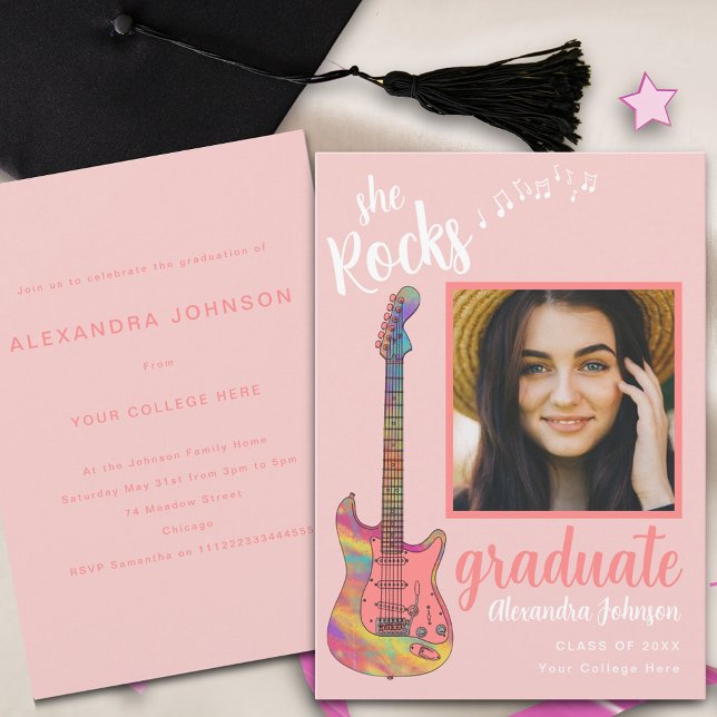 Graduate Photo Pink Script Graduation Party Invitation (Fun colorful guitar pink script graduate photo modern graduation party invitation )