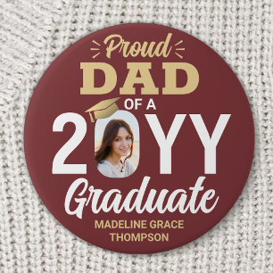 Graduate Photo Proud Dad Burgundy Red and Gold 7.5 Cm Round Badge
