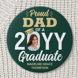 Graduate Photo Proud Dad Modern Green and Gold 7.5 Cm Round Badge